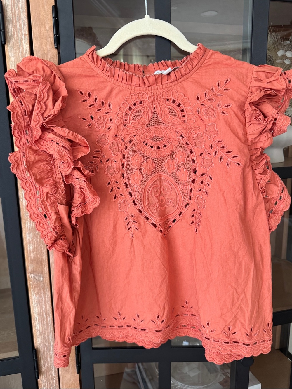 Love The Label rust eyelet ruffle embroidered blouse top short sleeve terracota